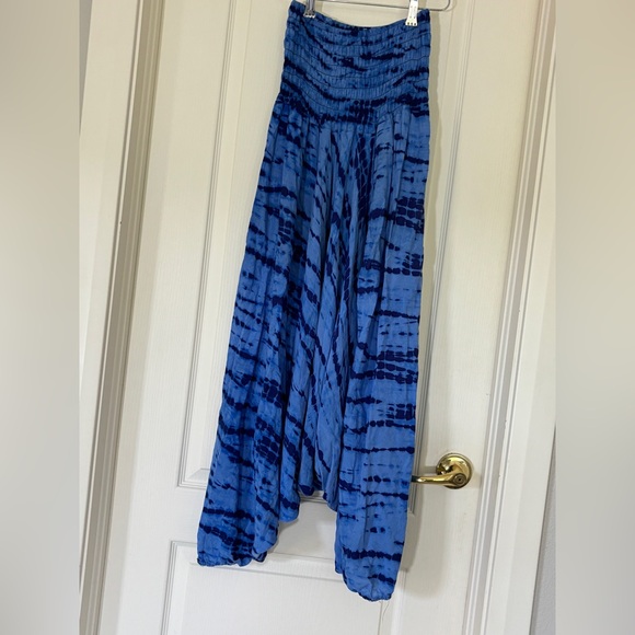 Boho Tie Dye Harem Pants Blue Smocked Waist One Size - Picture 4 of 6